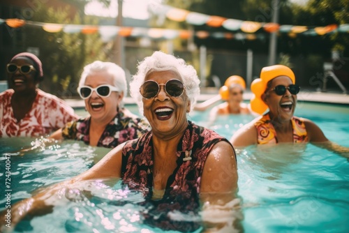 Diverse group of senior women laughing and swimming in a pool © Baba Images