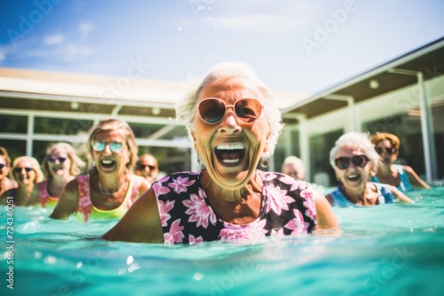 Diverse group of senior women laughing and swimming in a pool © Baba Images