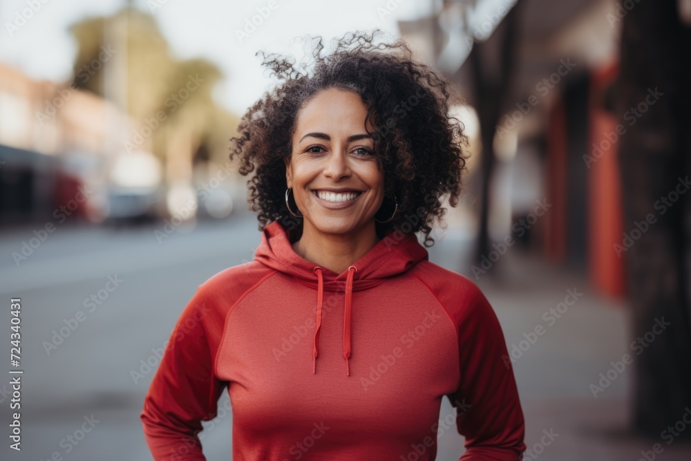 Smiling portrait of a middle aged african woman in sport clothing in the city