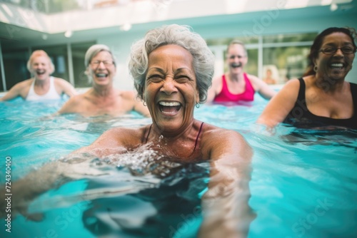 Diverse group of senior women laughing and swimming in a pool