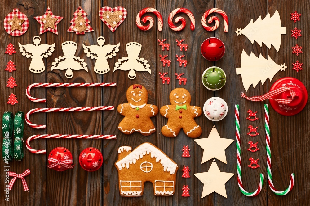 Christmas gingerbread cookies and christmas tree