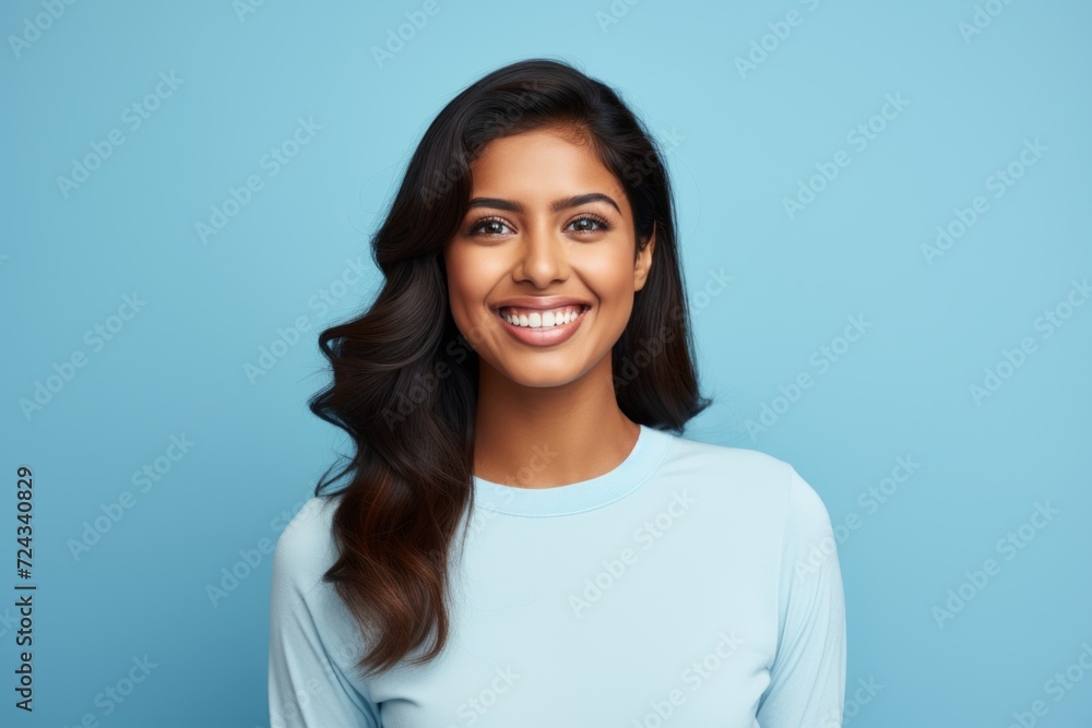Happy smiling african american woman looking at camera over blue background Happy smiling african american woman looking at camera over blue background