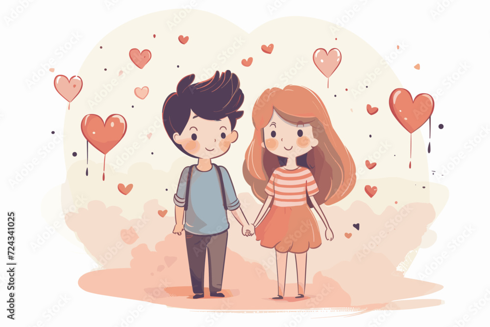 Cartoon Lovers with heart shape balloon for valentine's, little couple with hearts on white background, for valentines day concept, Cartoon Couple Cartoon Lovers with heart shape balloon for valentine's, little couple with hearts on white background, for valentines day concept, Cartoon Couple