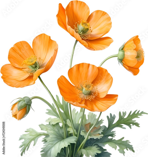 Welsh poppy flowers. Watercolor painting of Welsh poppy flowers.