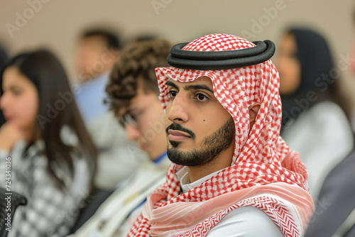 Saudi Arabian man in traditional keffiyeh attending university lecture