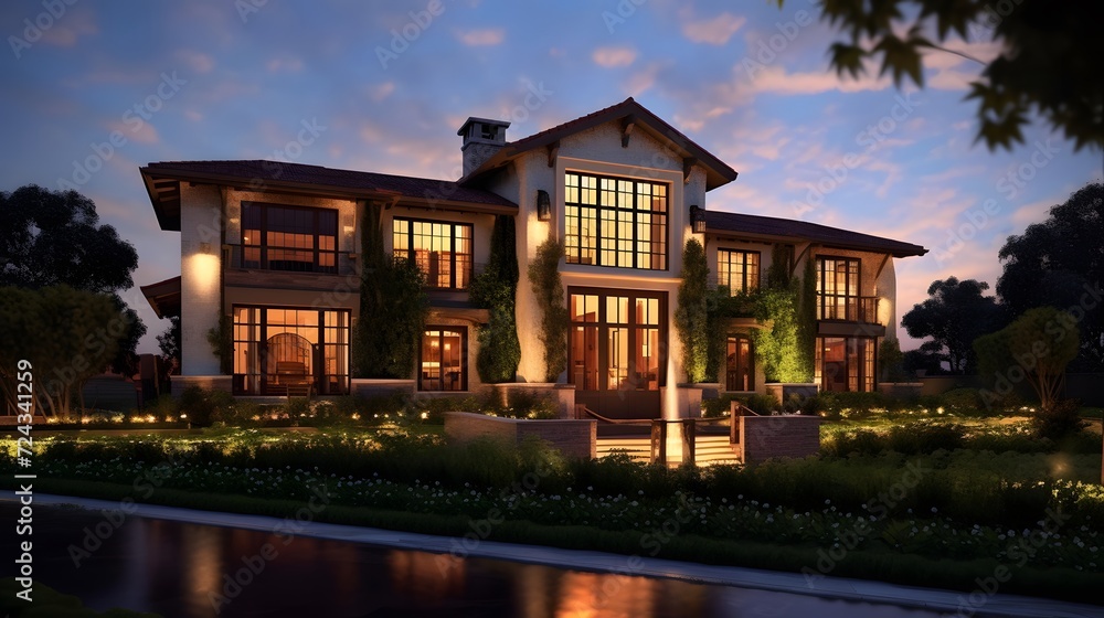 A panoramic shot of a luxury home with a beautiful sunset in the background