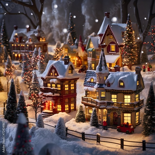Christmas village with houses and trees in the snow. Christmas and New Year concept.