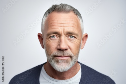 Portrait of mature man with grey hair and beard looking at camera