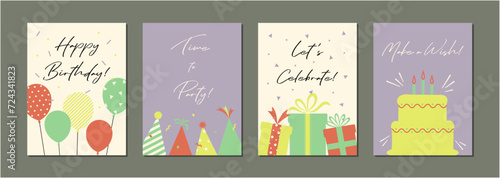バースデーカードセット　フレーム　背景　ベクターイラスト　ケーキ　バルーン　おしゃれ