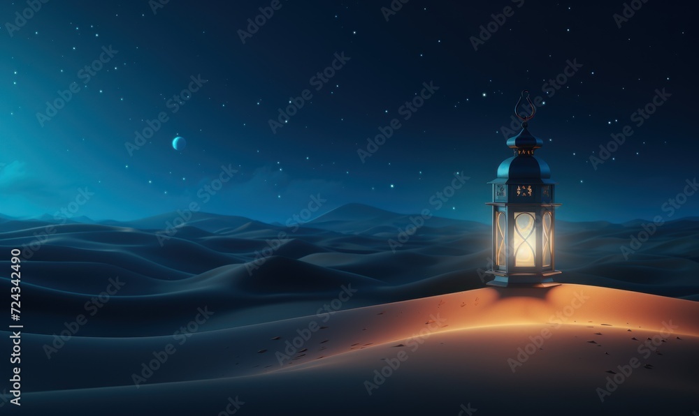 Islamic Lantern Amidst the Serene Desert Under a Starry Sky Islamic Lantern Amidst the Serene Desert Under a Starry Sky