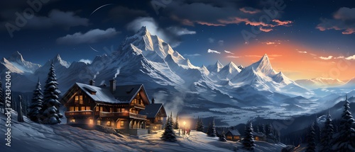 Panoramic view of alpine village at sunset. Beautiful winter panorama © Iman