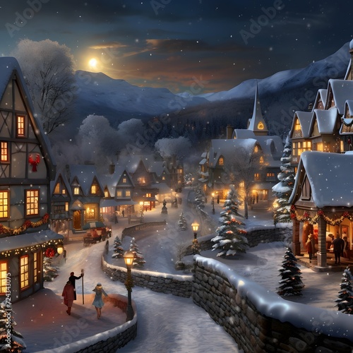 Winter night in the village. Winter fairy tale. 3D rendering © Iman