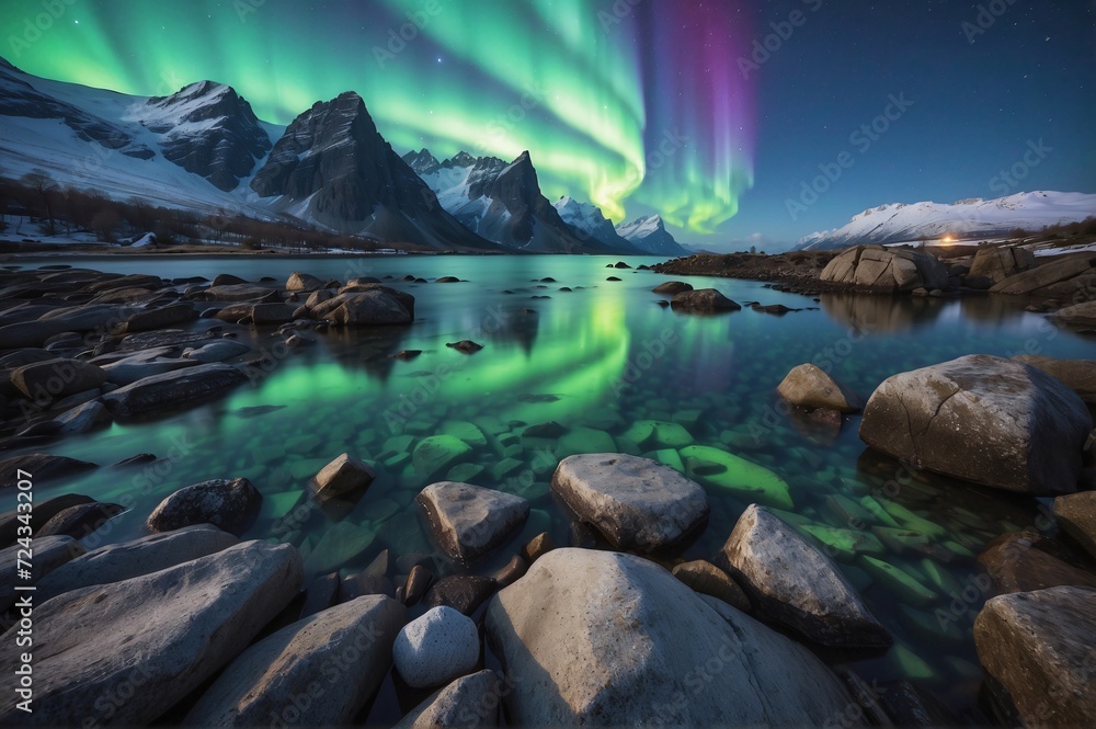 Beautiful view of landscape of aurora over rocky seashore in Norway