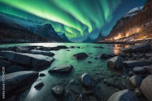 Beautiful view of landscape of aurora over rocky seashore in Norway