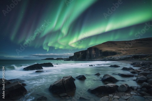 Beautiful view of landscape of aurora over rocky seashore in Norway © StockArtEmpire.AI