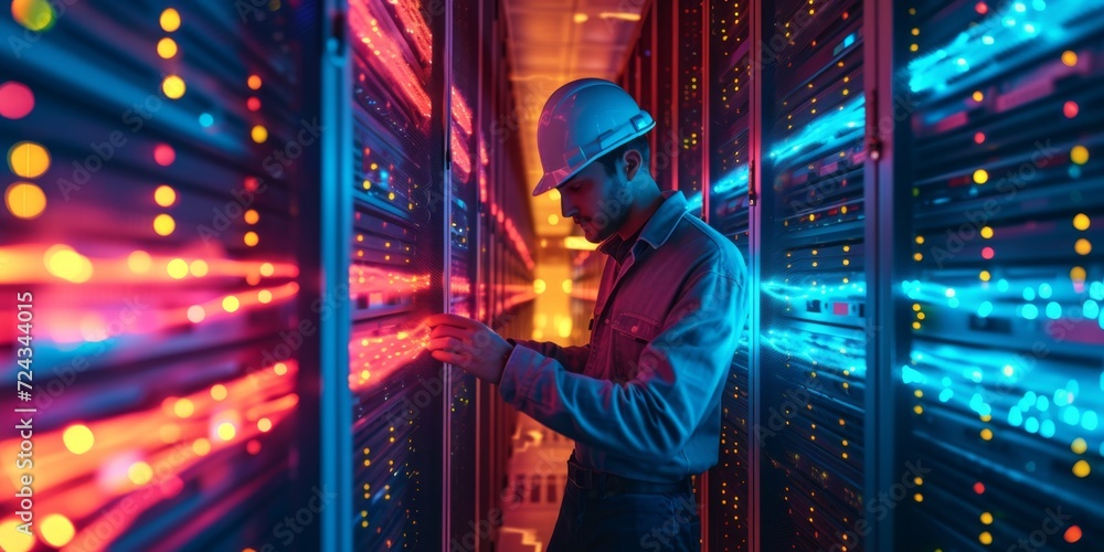 Engineer Analyzing Server Data Center Connectivity. Engineer Analyzing Server Data Center Connectivity.