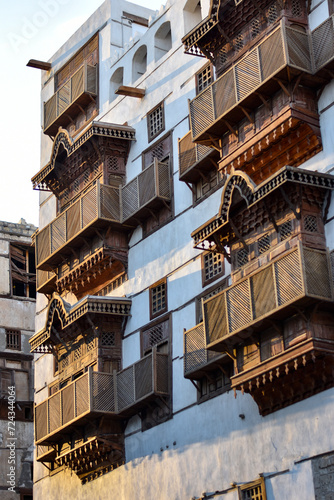 Traditional balconies of the Al Balad neighborhood in the city of Jeddah.