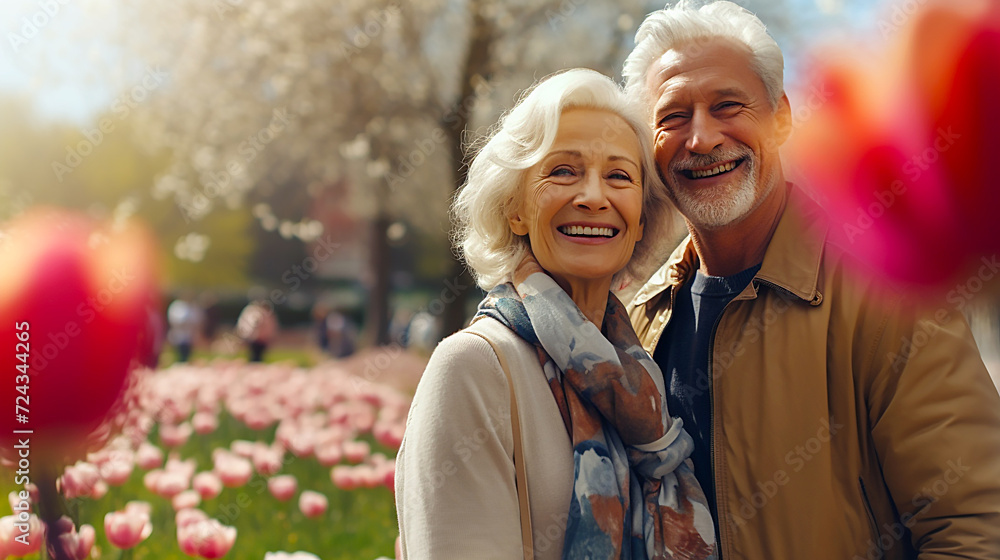 Elderly couple traveling while enjoying spring flowers..