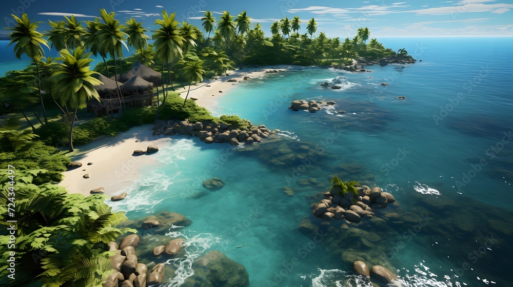 Panoramic view of tropical beach with palm trees and rocks.