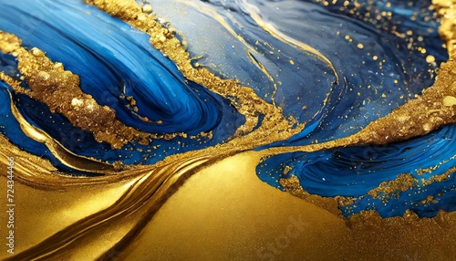 a mesmerizing digital artwork featuring a path of gold and blue paint merging and flowing together. The composition should evoke a sense of elegance and fluidity, with the interplay of gold and blue c