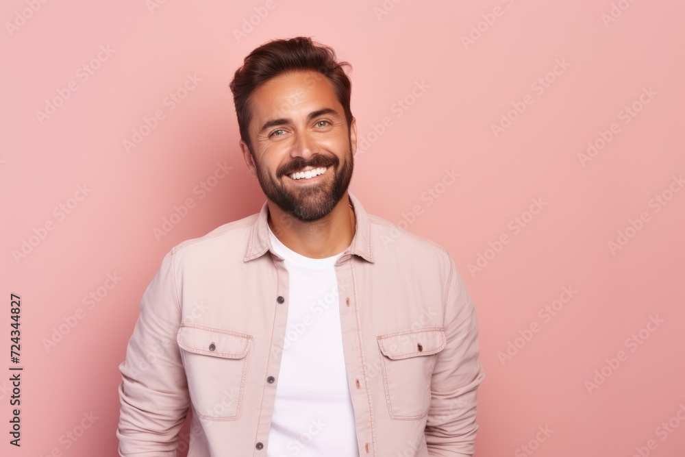 Portrait of a handsome young man smiling and looking at camera against pink background Portrait of a handsome young man smiling and looking at camera against pink background