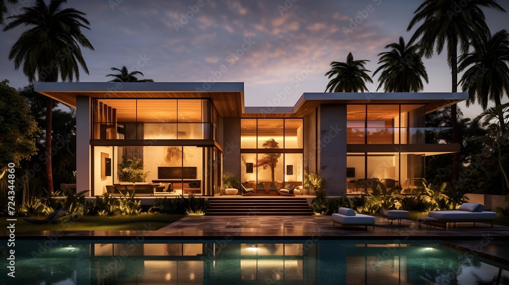 Panorama of luxury villa with swimming pool and palm trees at sunset