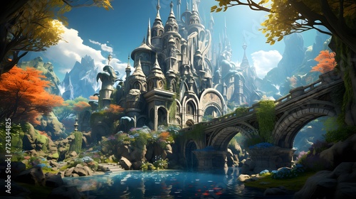 Beautiful fantasy landscape with fantasy castle in the middle of the forest