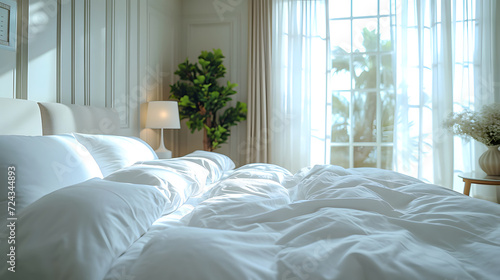 White bedding Mattress and Pillows duvet cover ısolated background. after good sleep concept, with beautiful sunshine window and flowers, Bedroom view from © Almultazam