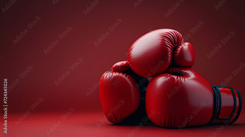Red boxing gloves hitting each other on an isolated Red background, Bright red boxing gloves hanging against a solid Red, Generative AI, 