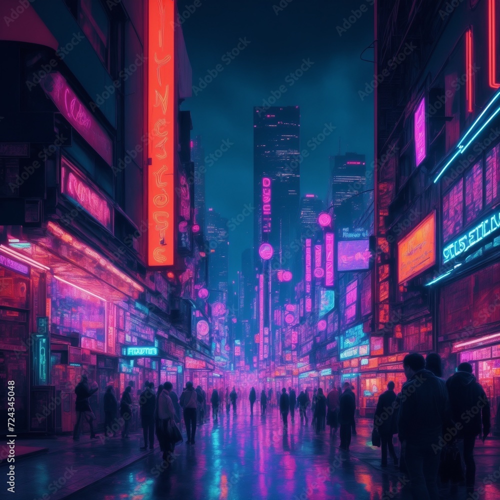 cityscape at night is a vibrant tapestry of neon lights and reflections