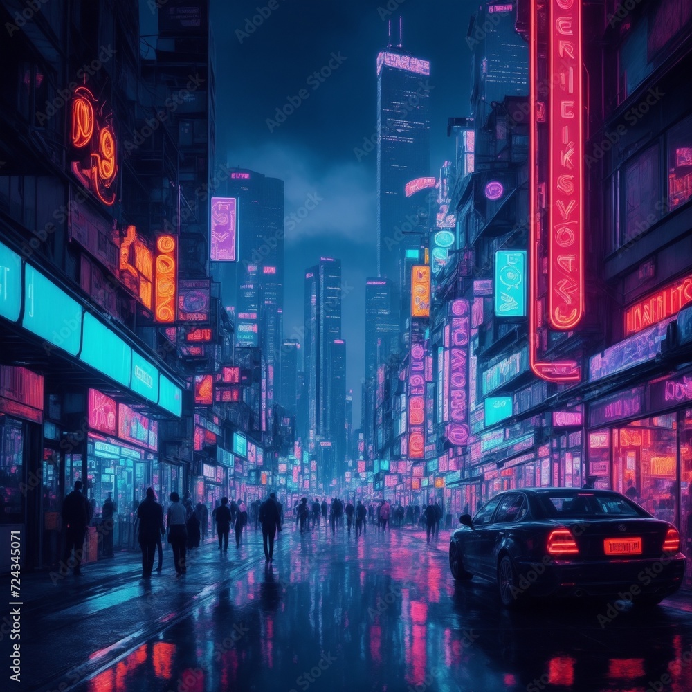 cityscape at night is a vibrant tapestry of neon lights and reflections