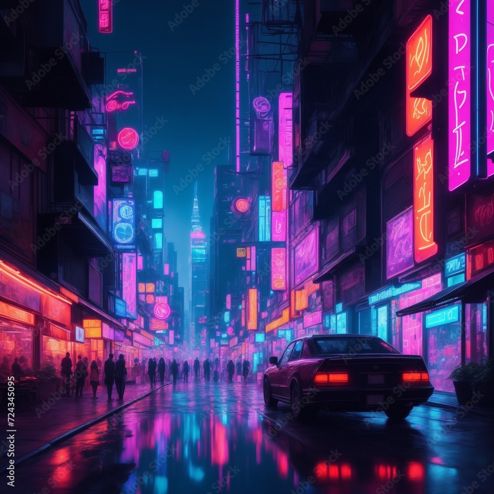 cityscape at night is a vibrant tapestry of neon lights and reflections