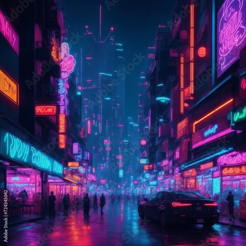 cityscape at night is a vibrant tapestry of neon lights and reflections © americandigi