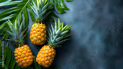 Pineapples and palm leaves on yellow color summer background, generative ai photo