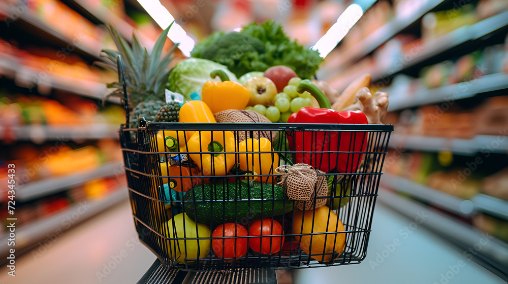 shopping cart full of fruit and vegetables, generative ai