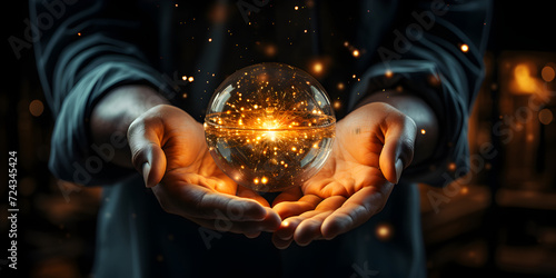 Bright glass sphere on hands in magic vibe photo