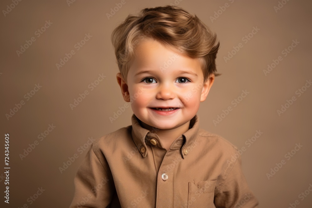 Portrait of a cute little boy in a brown shirt on a brown background. Portrait of a cute little boy in a brown shirt on a brown background.