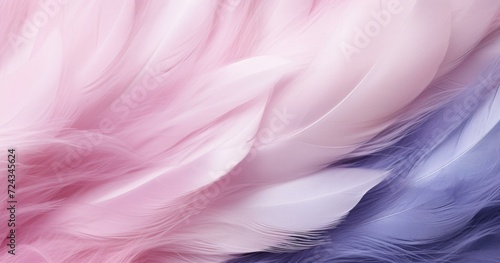 A close up of a pink and blue feather. Generative AI. © serg3d