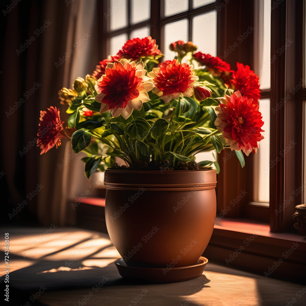 Fototapeta premium Red and white geraniums basking in the sun