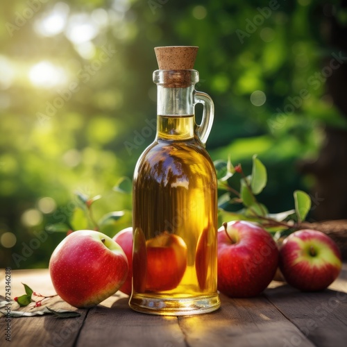 Homemade apple cider vinegar in a glass bottle and juicy apples on wooden table,blured garden background,close up