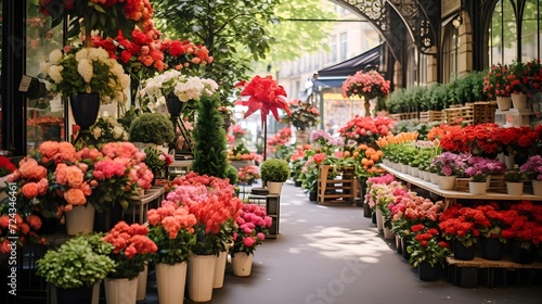 blur image of flower shop in Paris, France. beautiful floral background