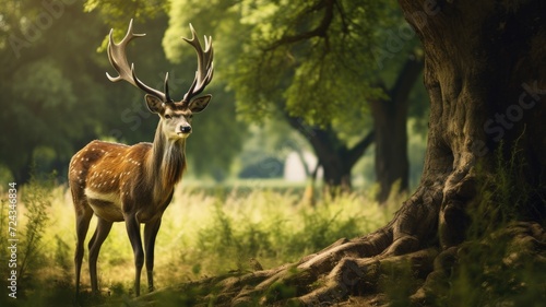 A deer stands next to a tree on a vibrant green field  showcasing the natural beauty of the surroundings.