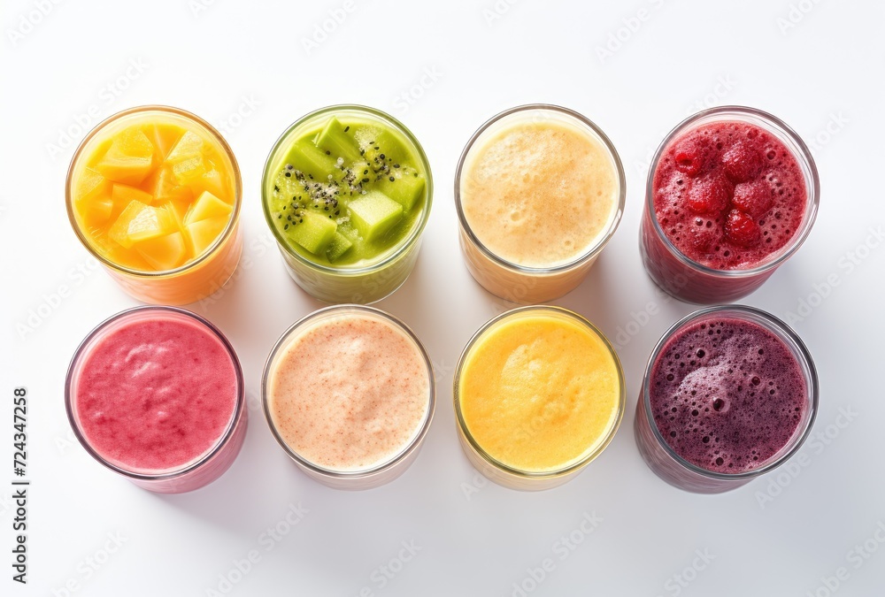 A collection of smoothie cups, each filled with a variety of different types of fresh fruit, neatly arranged on a table.