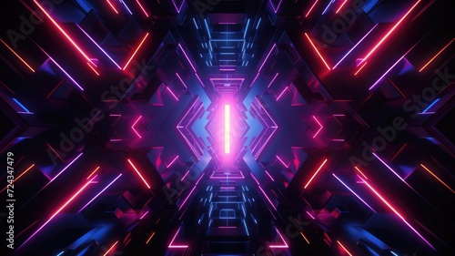 A visually striking photograph showcasing an abstract composition of neon lights glowing in a dark room.