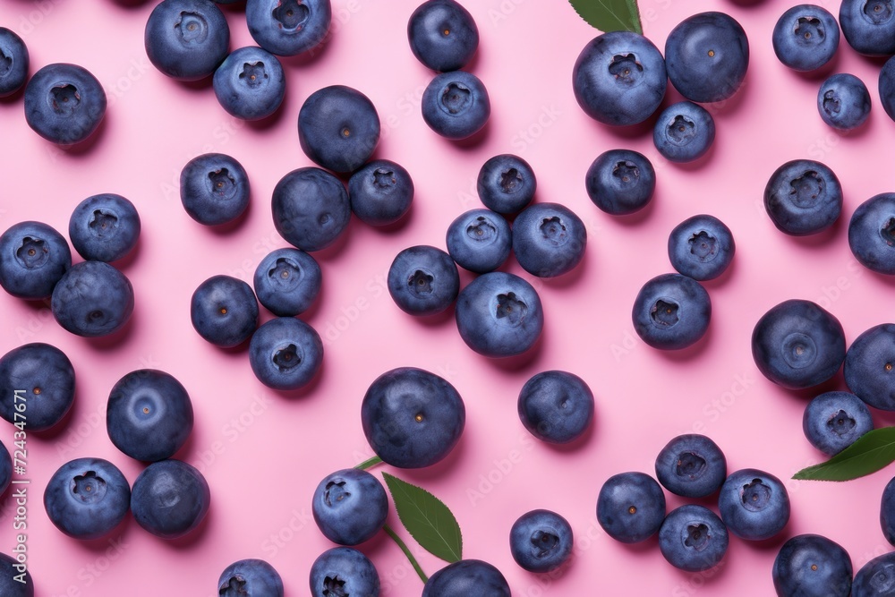 Blueberries are scattered across a vibrant pink surface, creating a visually striking contrast. Blueberries are scattered across a vibrant pink surface, creating a visually striking contrast.