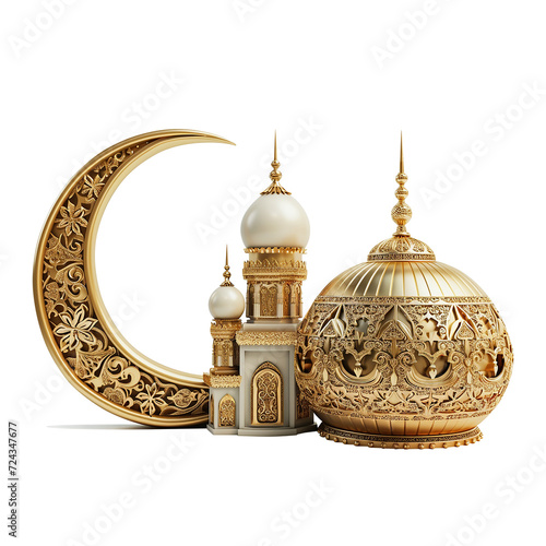 Detailed 3D rendered ramadan mosque, and moon with gold carving accents. Ramadan themes. isolated 3d on png  or transparent background. 