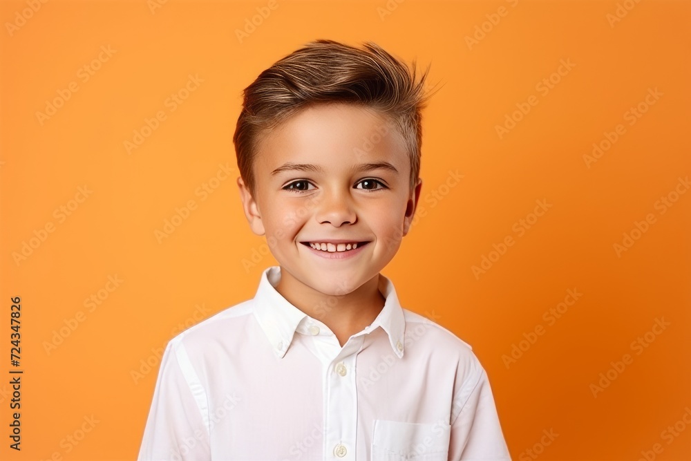 Portrait of a smiling little boy on orange background. Studio shot. Portrait of a smiling little boy on orange background. Studio shot.