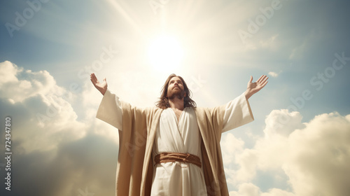 Jesus in Historical Robe with Arms Raised Against Cloudy Sky
