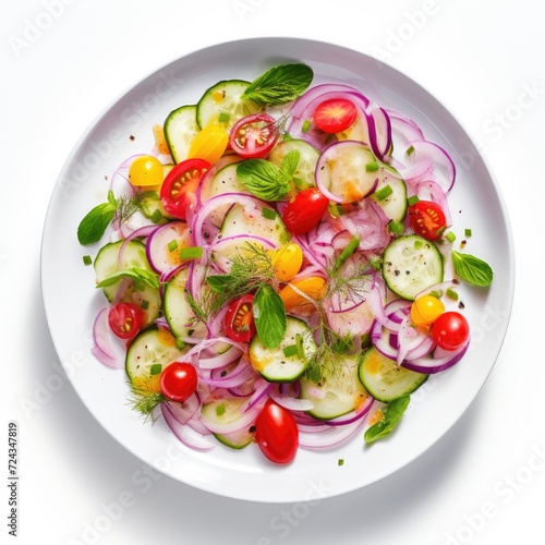 A white plate is filled with a colorful arrangement of freshly sliced cucumbers and ripe tomatoes.
