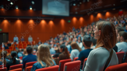 Business people or students are watching a presentation or attend a training or seminar in a lecture hall or auditorium. Conference hall full of people participating in the business training photo
